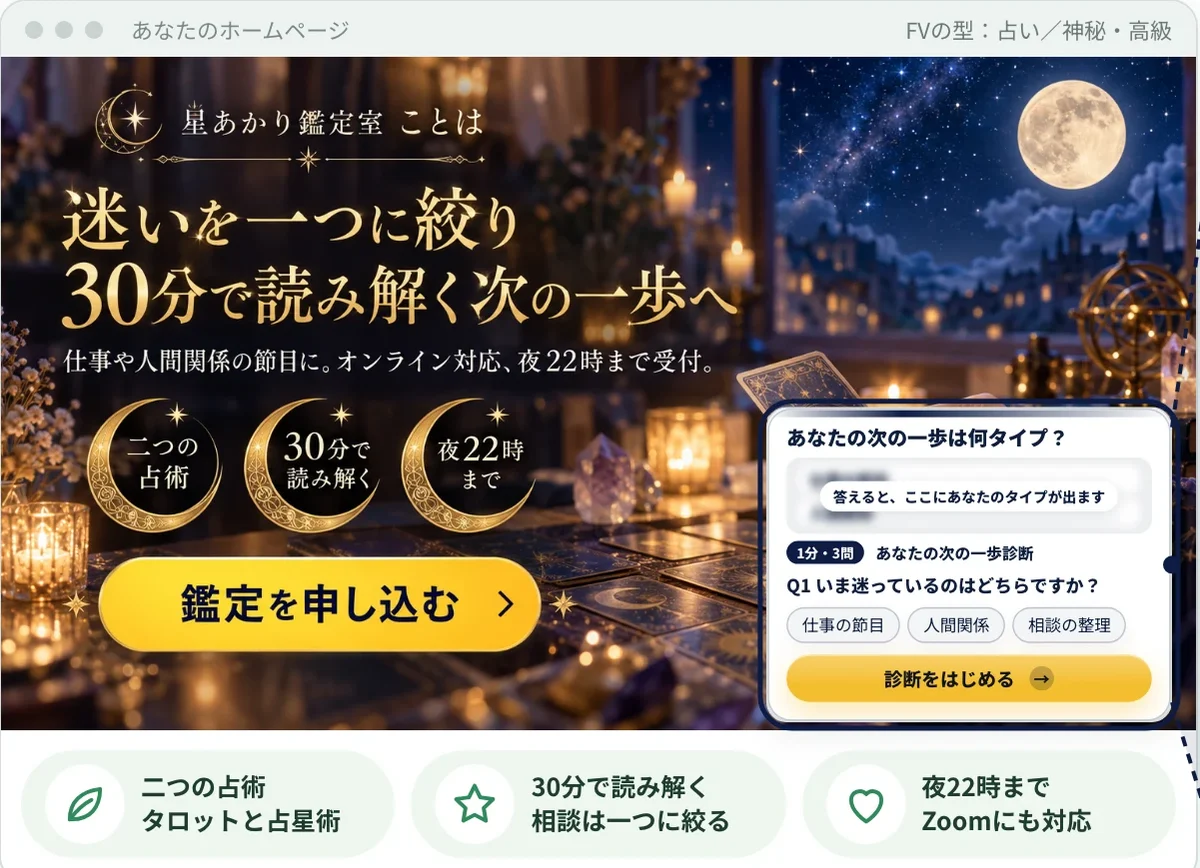 星あかり鑑定室 ことは（占い・架空のお店）の販売ページの最初の画面と、開いた診断窓