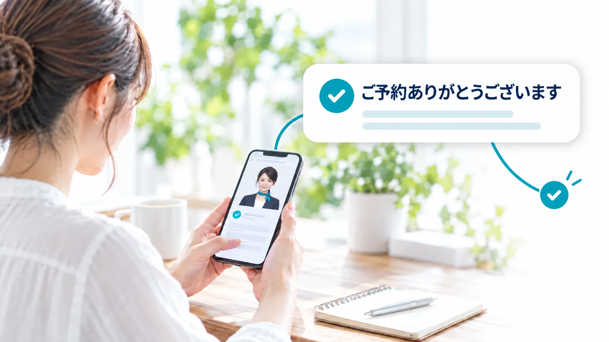 ご予約ありがとうございます。明るい室内の木の机で、スマホに届いた予約の通知を肩越しに見る事業者。スマホの画面ではAIの担当が話している。通知から一本の線が申込みの旗まで続いている