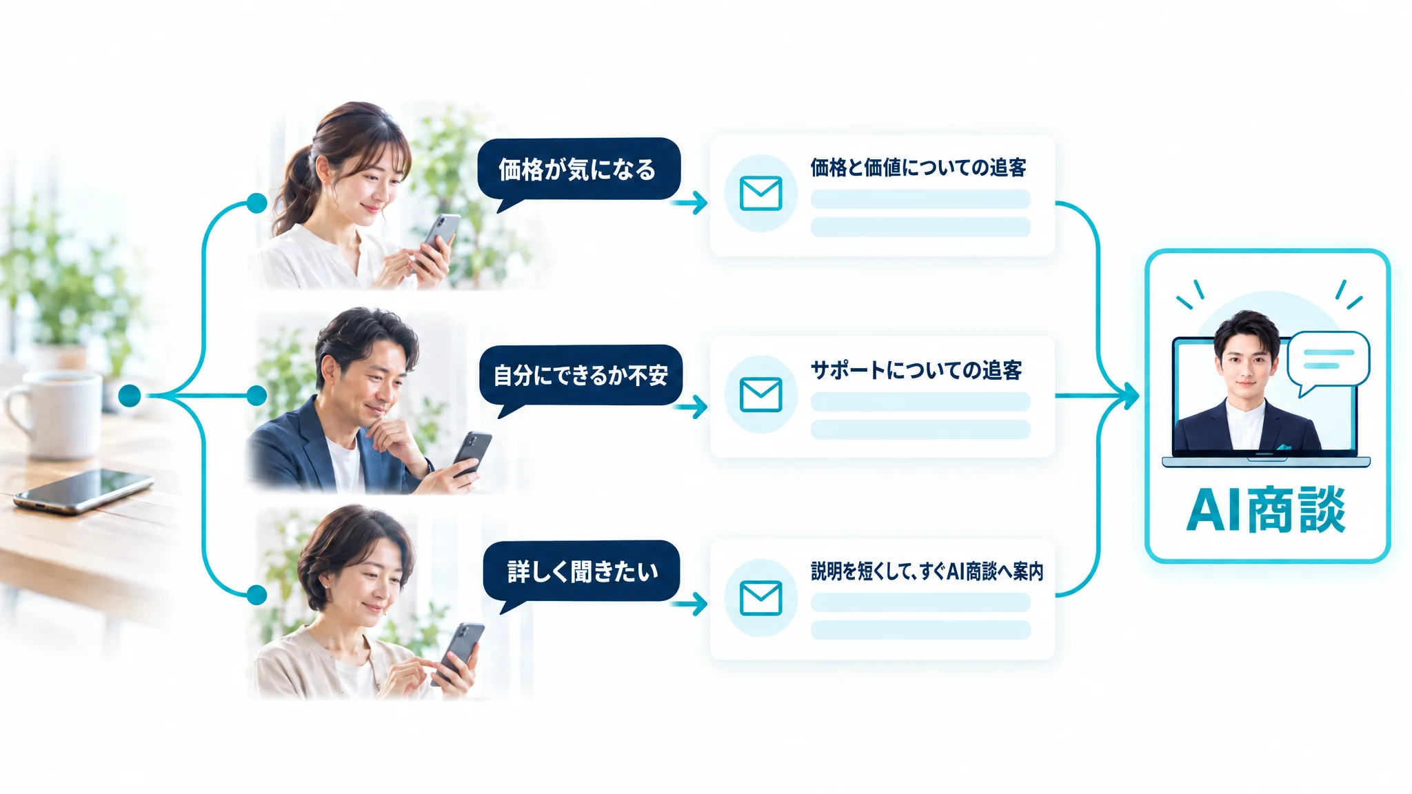 相談のあと、3人に別々の文面が届く。「価格が気になる」→ 価格と価値についての追客。「自分にできるか不安」→ サポートについての追客。「詳しく聞きたい」→ 説明を短くして、すぐAI商談へ案内。3人とも行き先は同じ AI商談（ノートパソコンの画面でAIの担当が話している）