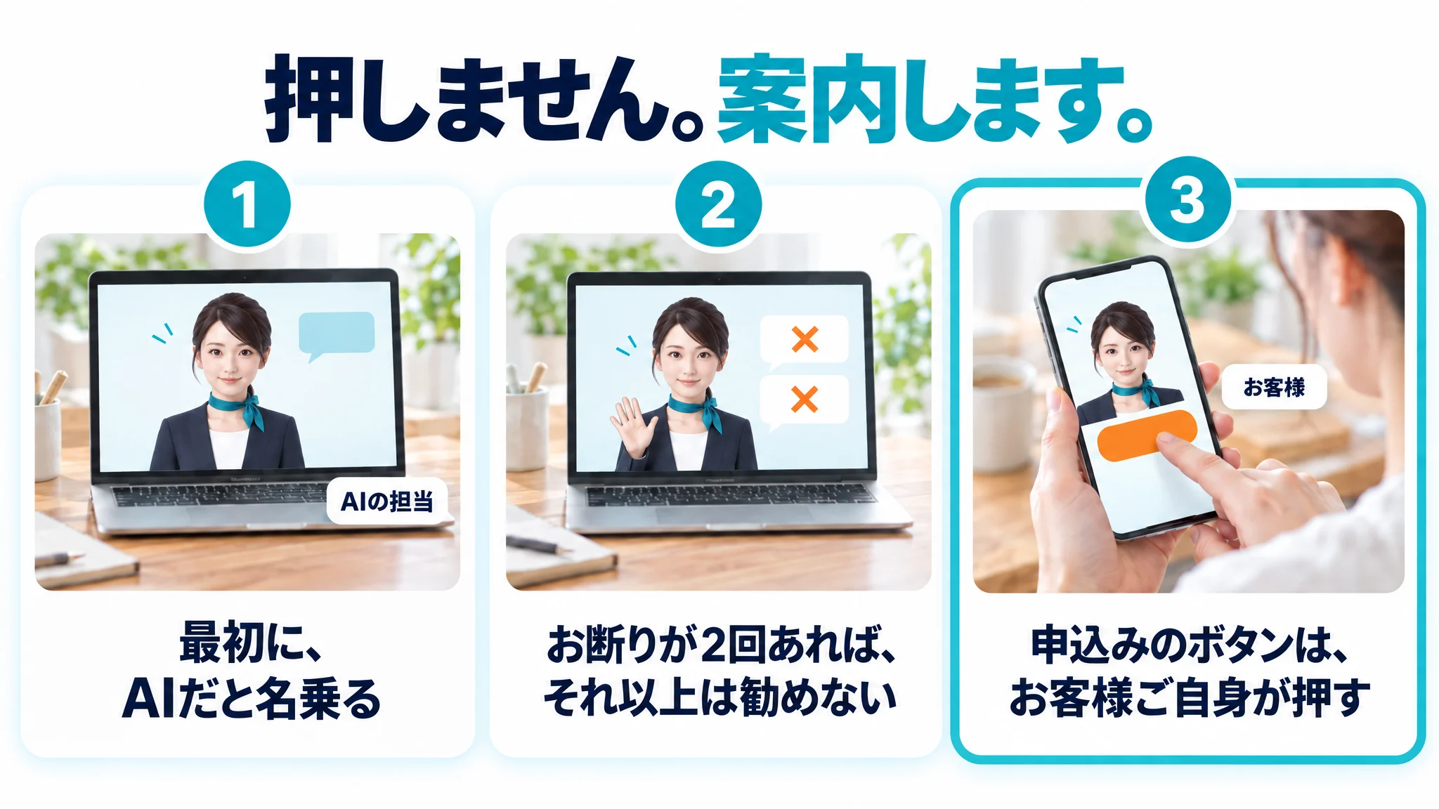 押しません。案内します。① 最初に、AIだと名乗る（画面の中のAIの担当＝札「AIの担当」） ② お断りが2回あれば、それ以上は勧めない ③ 申込みのボタンは、お客様ご自身が押す（お客様＝札「お客様」の親指がスマホのオレンジのボタンを押している）。