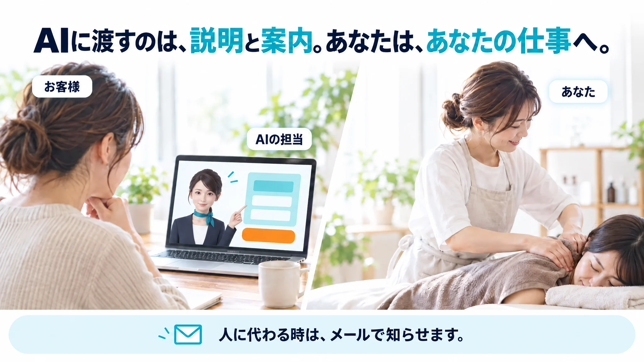 AIに渡すのは、説明と案内。あなたは、あなたの仕事へ。左：お客様（札「お客様」）が自宅でノートパソコンの画面の中のAIの担当（札「AIの担当」）と向き合って話している。右：あなた（札「あなた」）が施術台でお客様の肩に施術をしている。人に代わる時は、メールで知らせます。