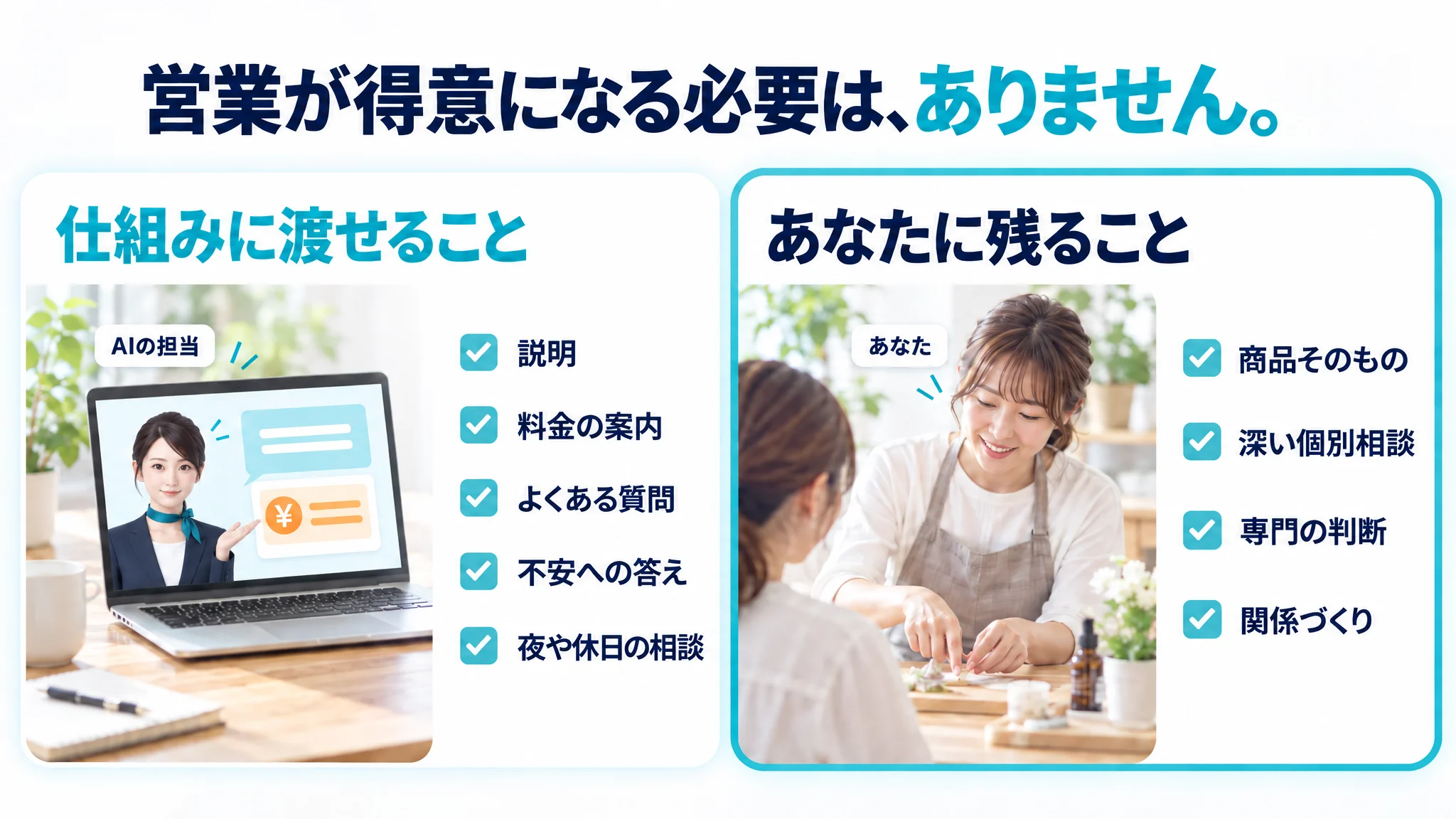 営業が得意になる必要は、ありません。仕組みに渡せること：説明／料金の案内／よくある質問／不安への答え／夜や休日の相談（ノートパソコンの画面の中のAIの担当＝札「AIの担当」が説明と料金の札を出している）。あなたに残ること：商品そのもの／深い個別相談／専門の判断／関係づくり（あなた＝札「あなた」がレッスンをしている）。